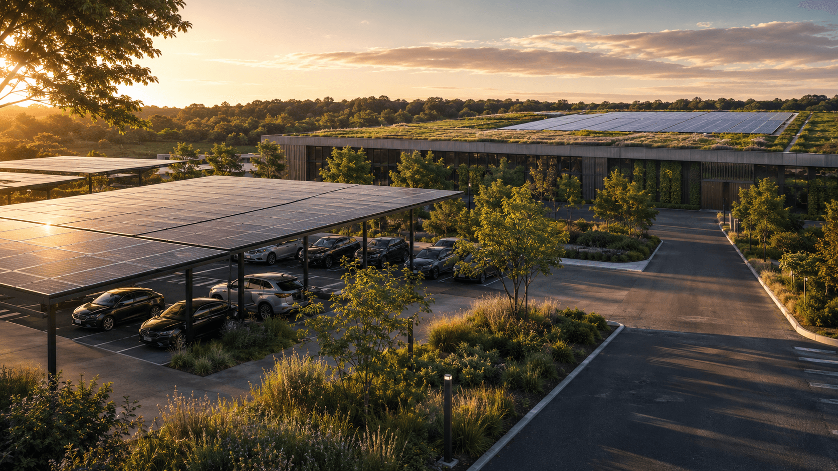 Ombrières photovoltaïques au-dessus d'un parking à l'heure dorée, devant un bâtiment à toiture végétalisée